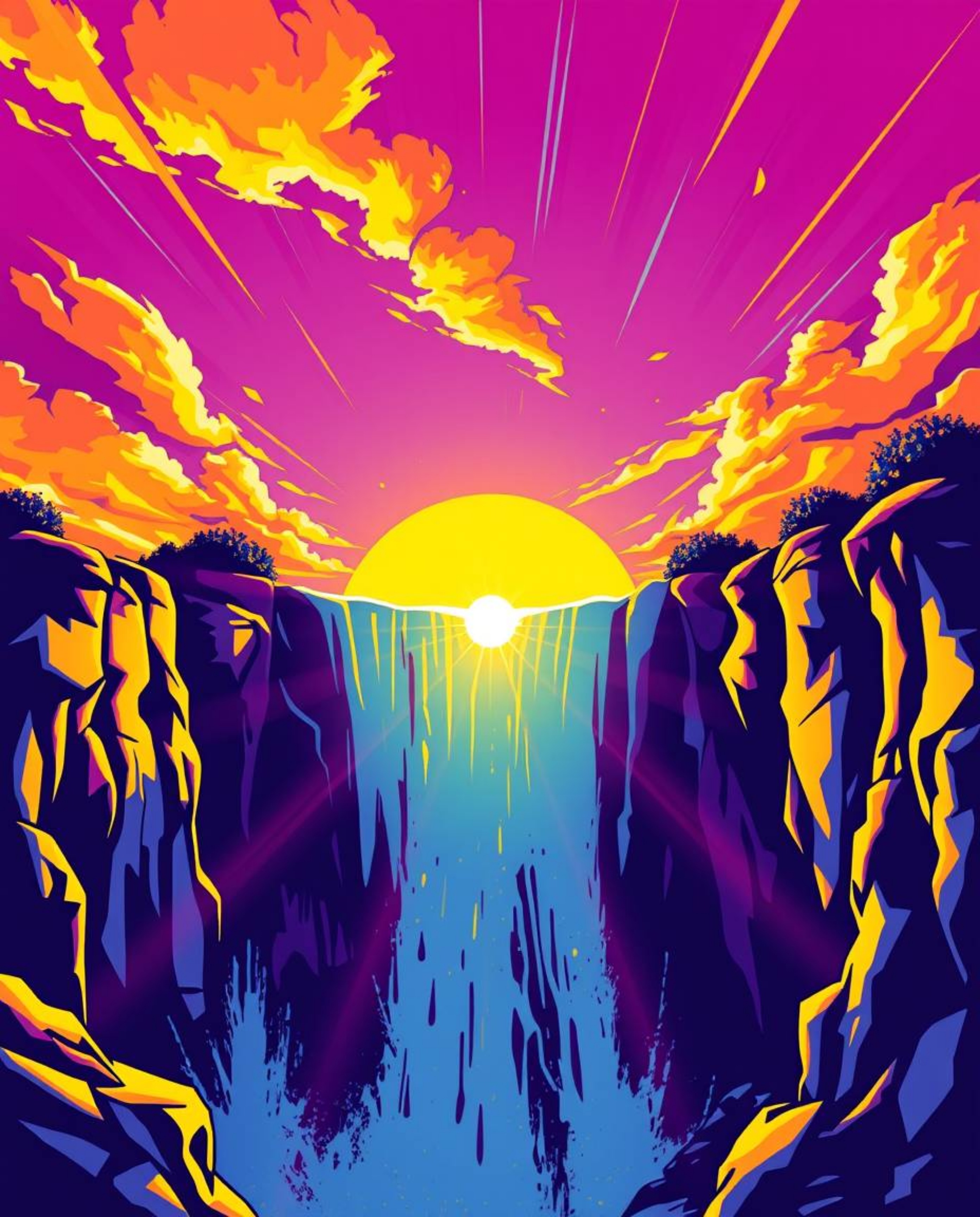 A bright, vibrant artwork of a lively, energetic sun setting behind a dramatic waterfall. The piece is characterized by its b