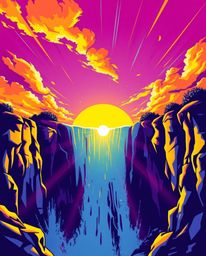 A bright, vibrant artwork of a lively, energetic sun setting behind a dramatic waterfall. The piece is characterized by its b