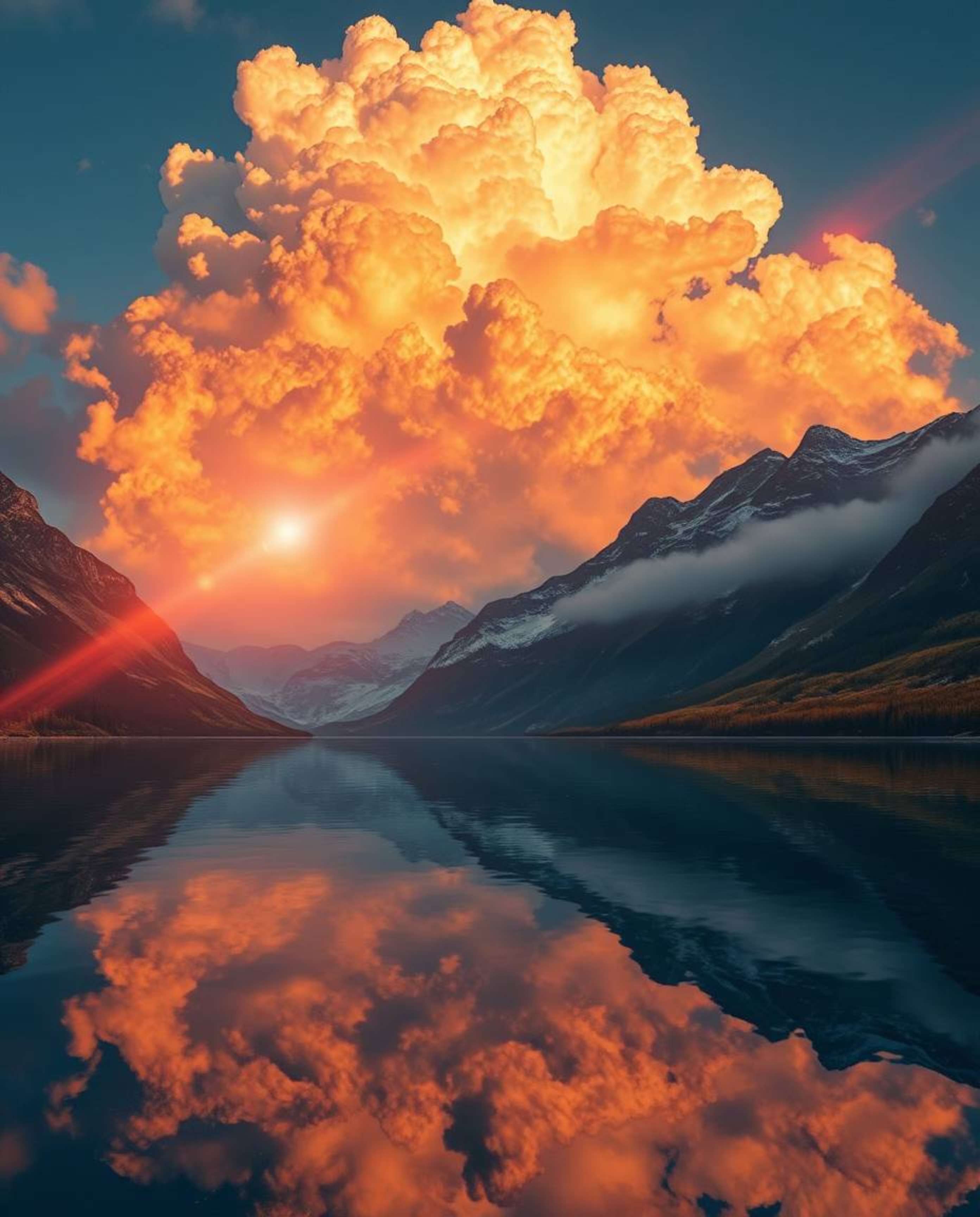 A high-resolution, commercial-grade photograph captures a massive and heroic scene of fiery cloud reflections in a mountain l