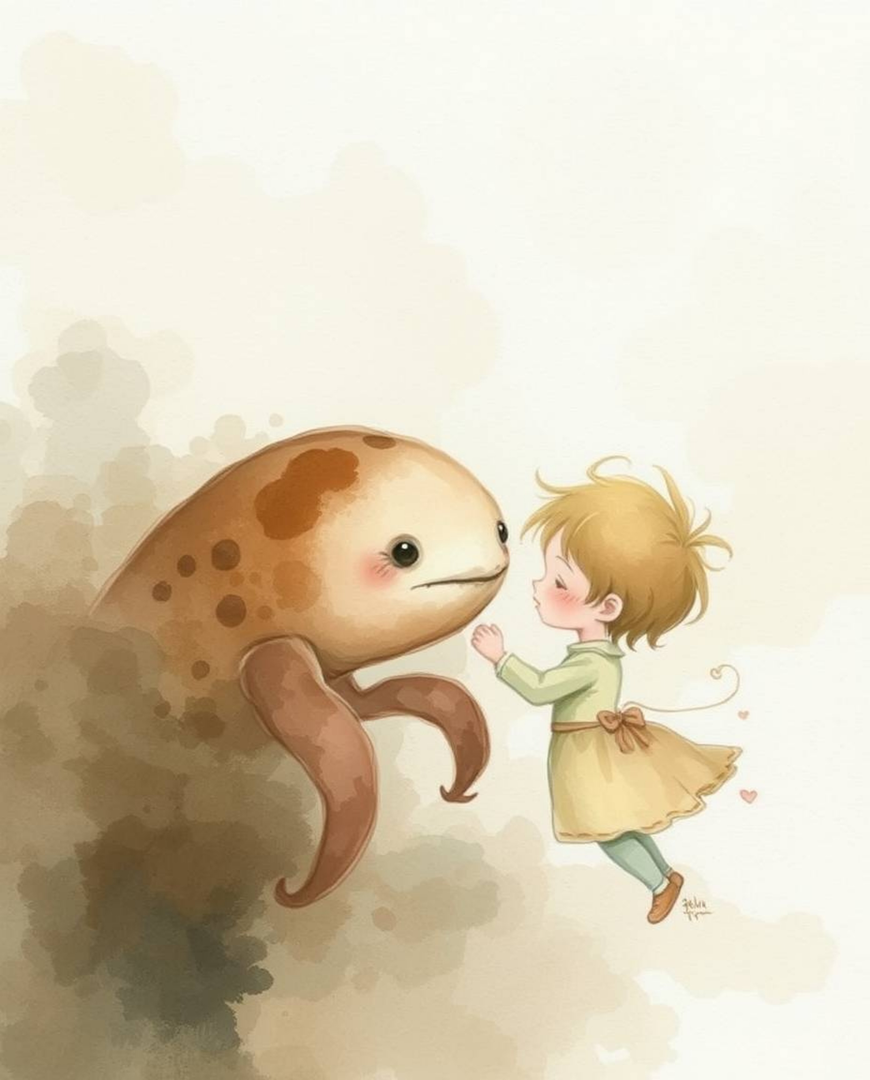 Explore a heartwarming scene captured in delicate watercolor, where a gentle sea creature and a curious child forge an unlike
