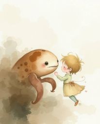 Explore a heartwarming scene captured in delicate watercolor, where a gentle sea creature and a curious child forge an unlike