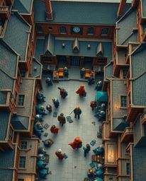 Discover a captivating overhead perspective of a magical school, rendered in warm terracotta and cool teal hues.  This detail