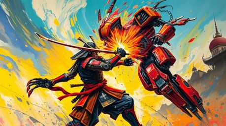Experience a powerful clash between a samurai and a robot in a dystopian world brought to life with bold acrylic paint. Vibra