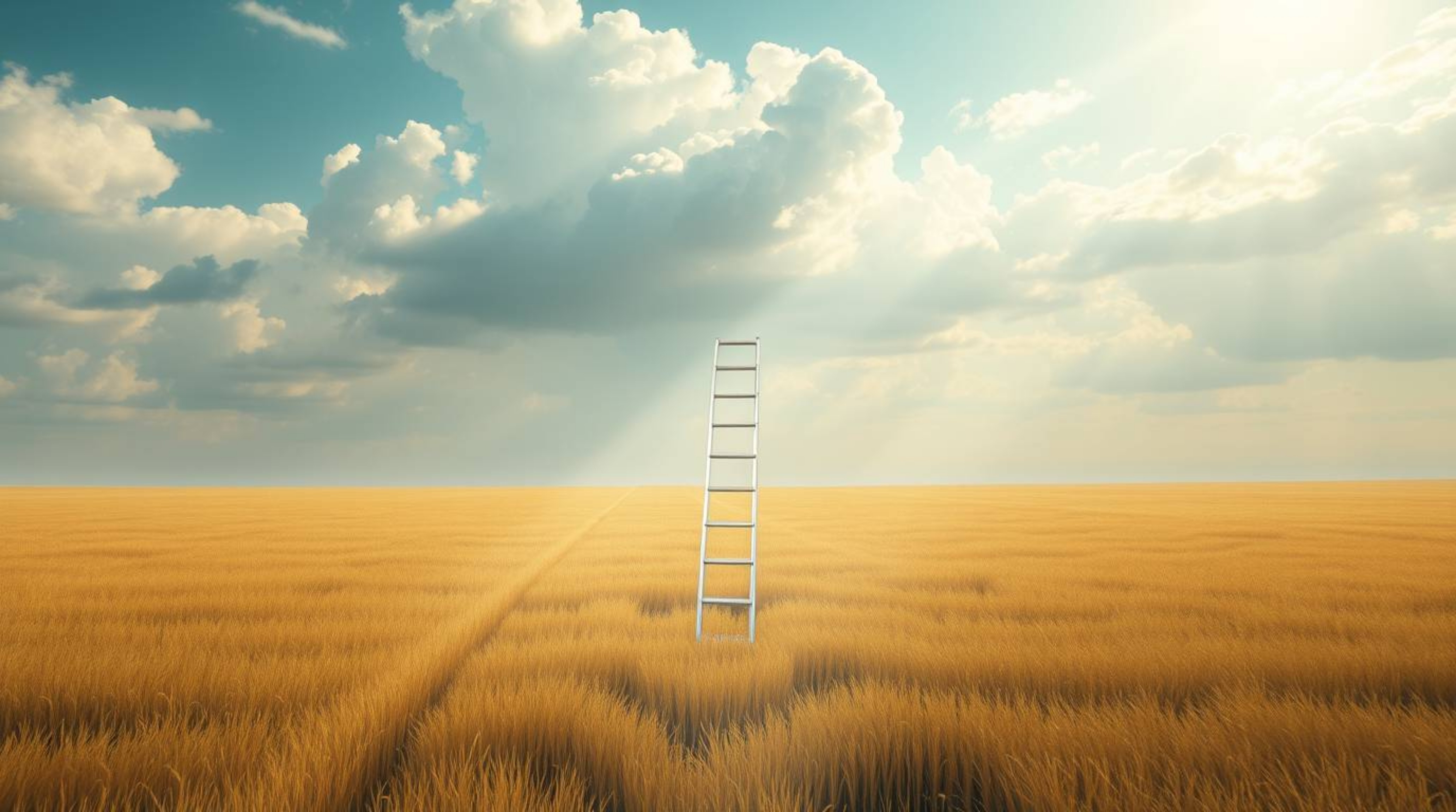 A digital painting showcasing a minimalist scene with a silver ladder in an open field beneath a cloudy sky, illuminated by e