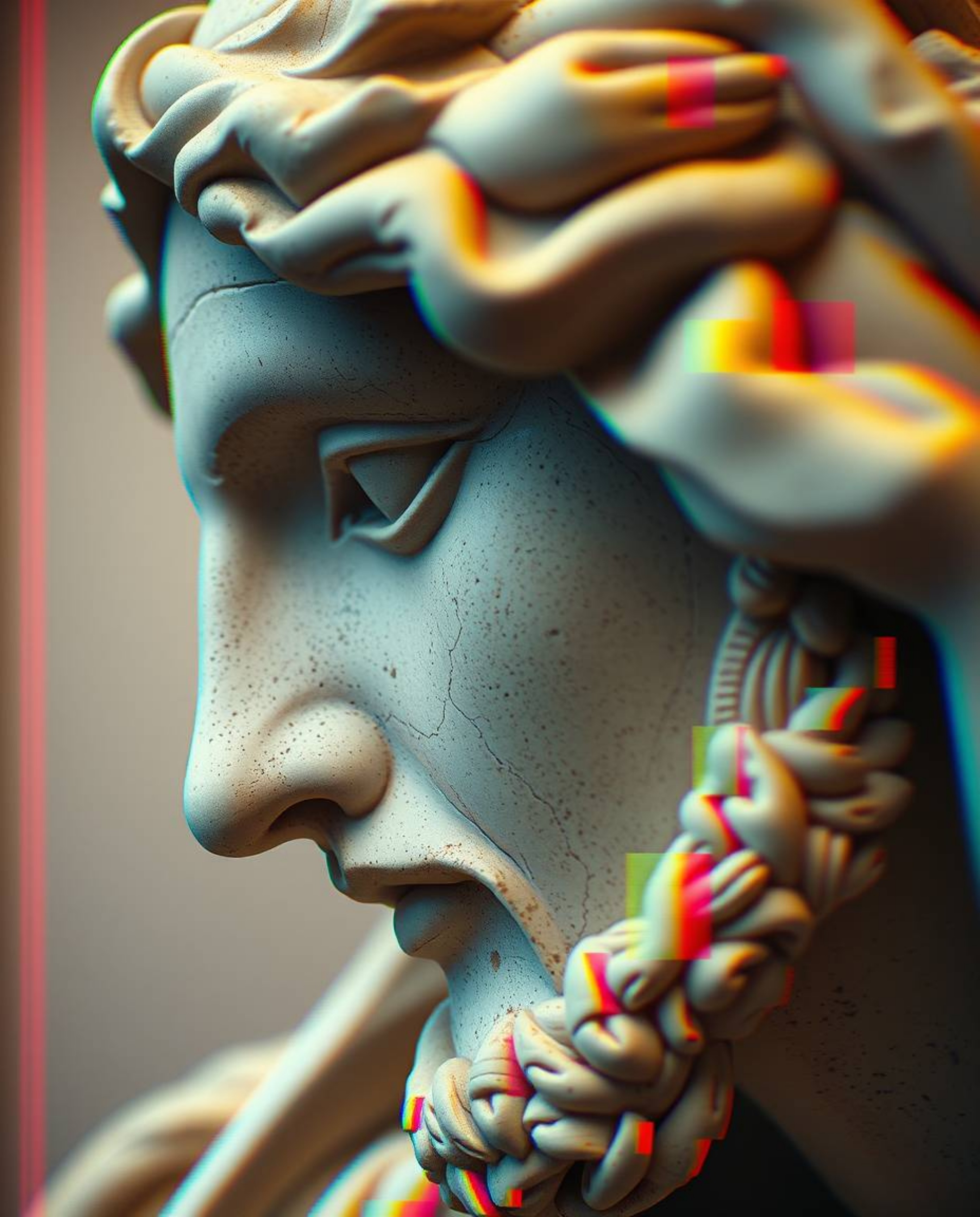 An extreme macro close-up reveals a classical sculpture dramatically altered by a colorful glitch effect. This digital corrup