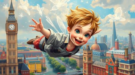 A vibrant painting captures an adorable young boy with charming features soaring above a brightly colored London scene, power