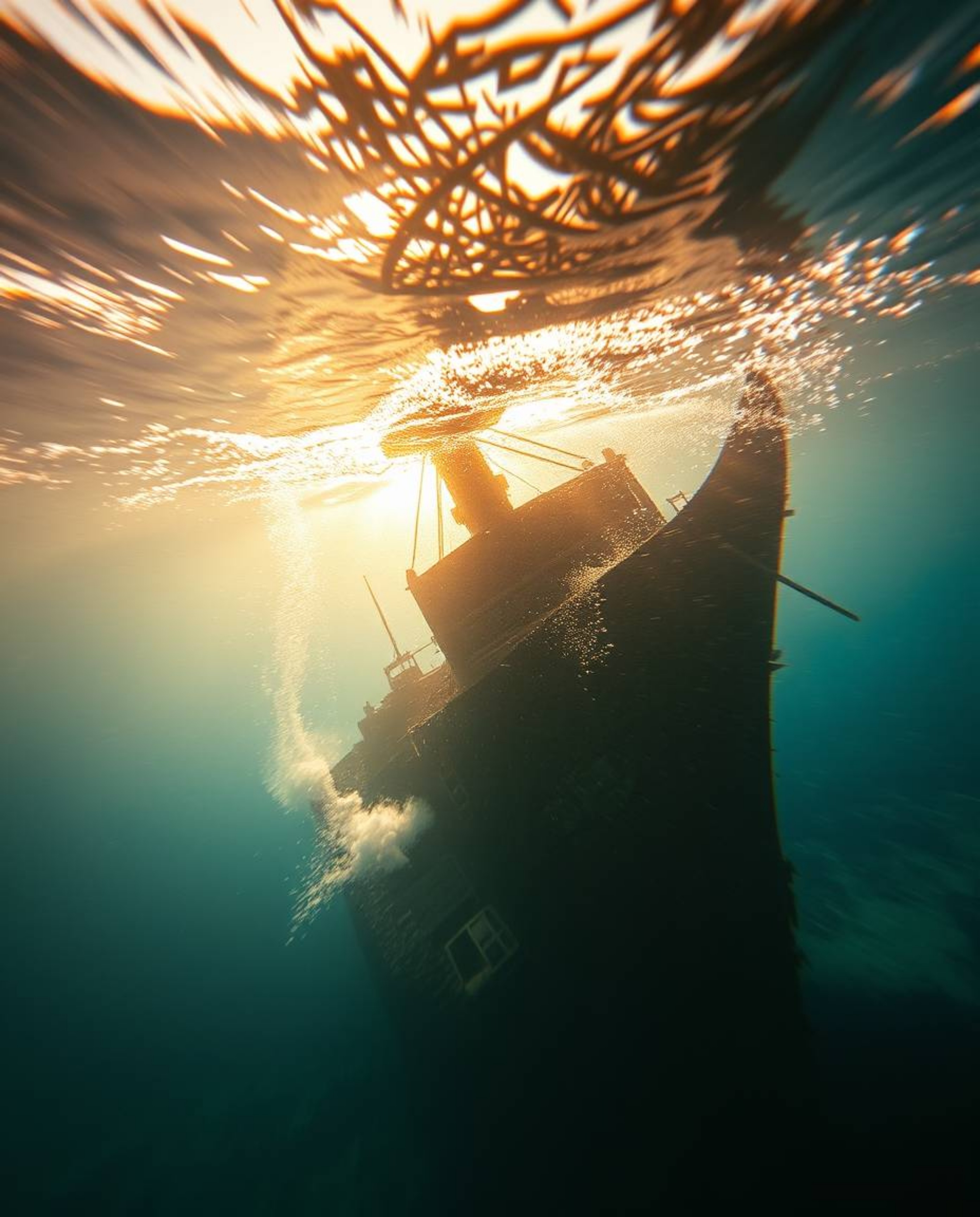 A mesmerizing digital artwork depicts a dynamically moving underwater shipwreck in a dreamlike, surreal style.  Bathed in war