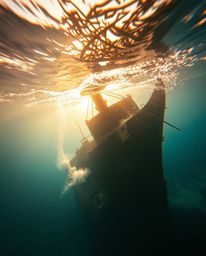 A mesmerizing digital artwork depicts a dynamically moving underwater shipwreck in a dreamlike, surreal style.  Bathed in war