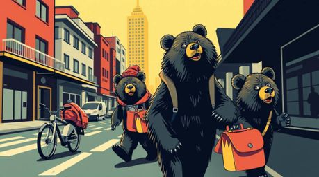 Join a bear family as they embark on an exciting urban adventure, depicted with vibrant complementary colors and dynamic comp
