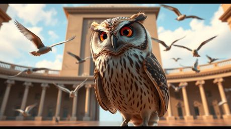A heartwarming Pixar-style photograph features a blind owl with meticulously detailed feathers, guiding birds as they learn t