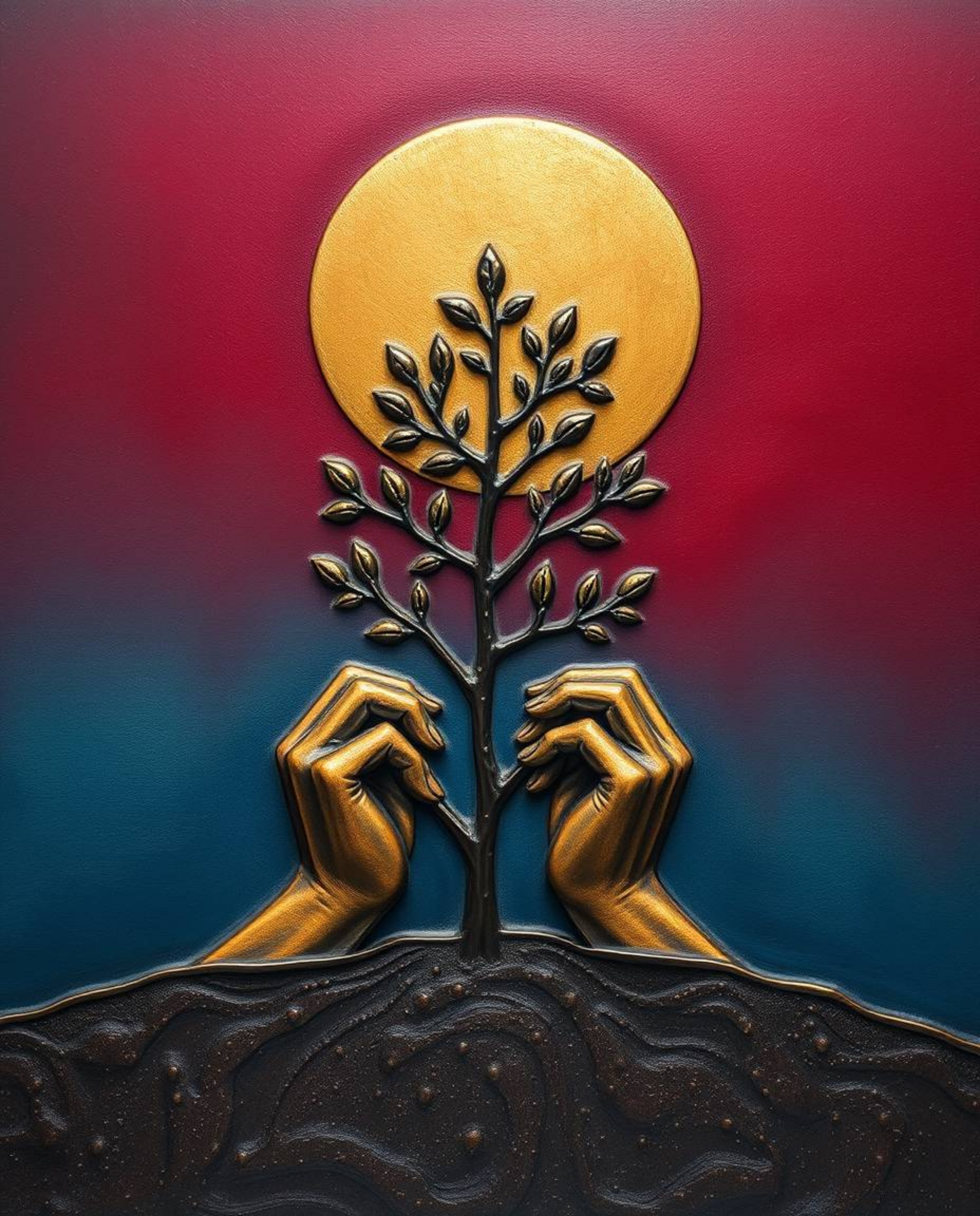 A visually stunning artwork depicting hands planting a tree under a golden sky, rendered with a smooth gradient transition fr