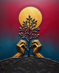 A visually stunning artwork depicting hands planting a tree under a golden sky, rendered with a smooth gradient transition fr