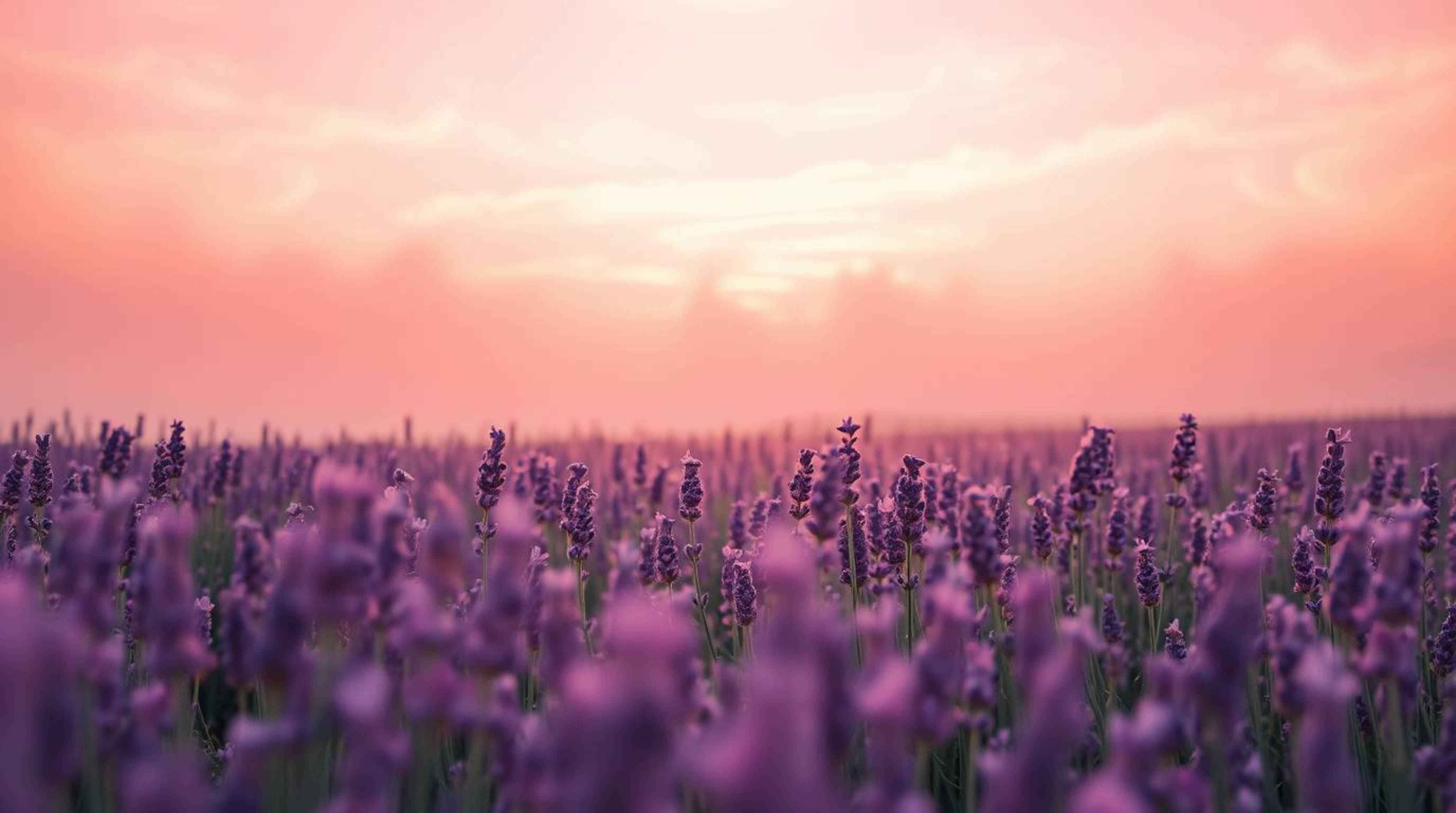 Immerse yourself in a soft, cinematic vision of lavender fields bathed in the ethereal glow of a dreamy pink sky. This image 