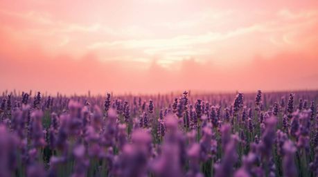 Immerse yourself in a soft, cinematic vision of lavender fields bathed in the ethereal glow of a dreamy pink sky. This image 