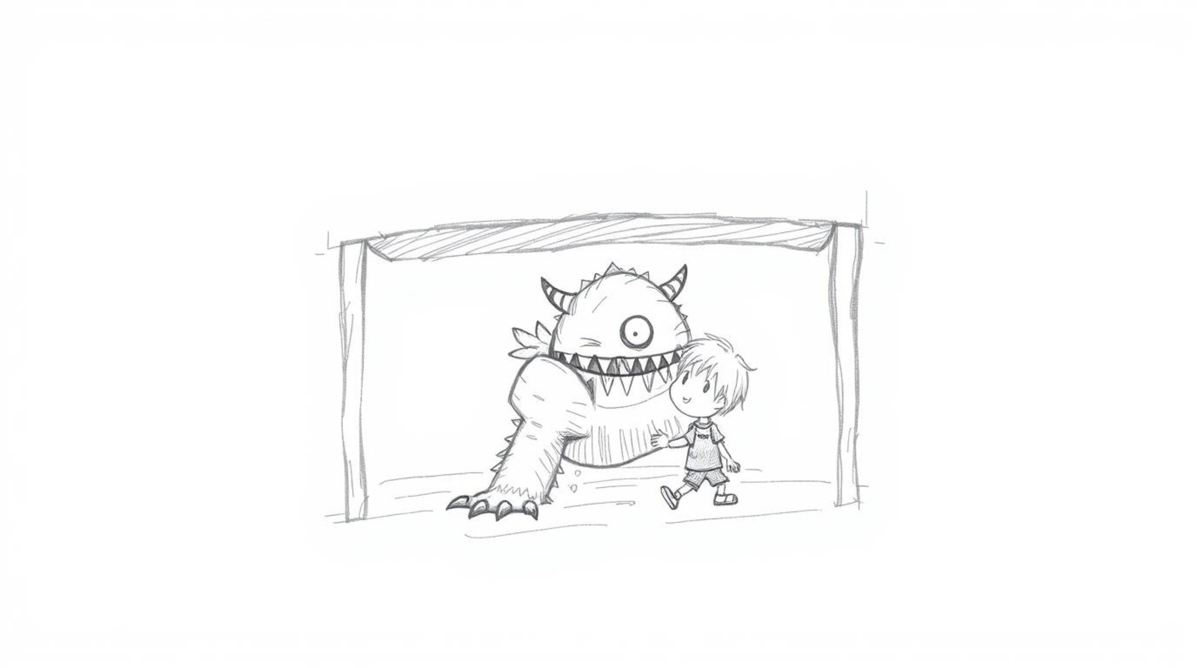 A heartwarming hand-drawn sketch depicts an unlikely friendship between a child and a monster hiding under the bed.  The roug