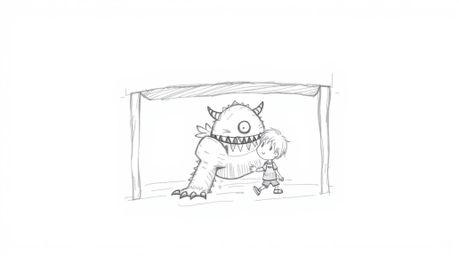 A heartwarming hand-drawn sketch depicts an unlikely friendship between a child and a monster hiding under the bed.  The roug