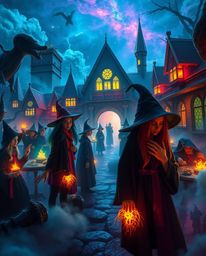 Enter a magical school filled with young wizards, depicted in glowing bioluminescent colors and dreamlike, surreal imagery. T