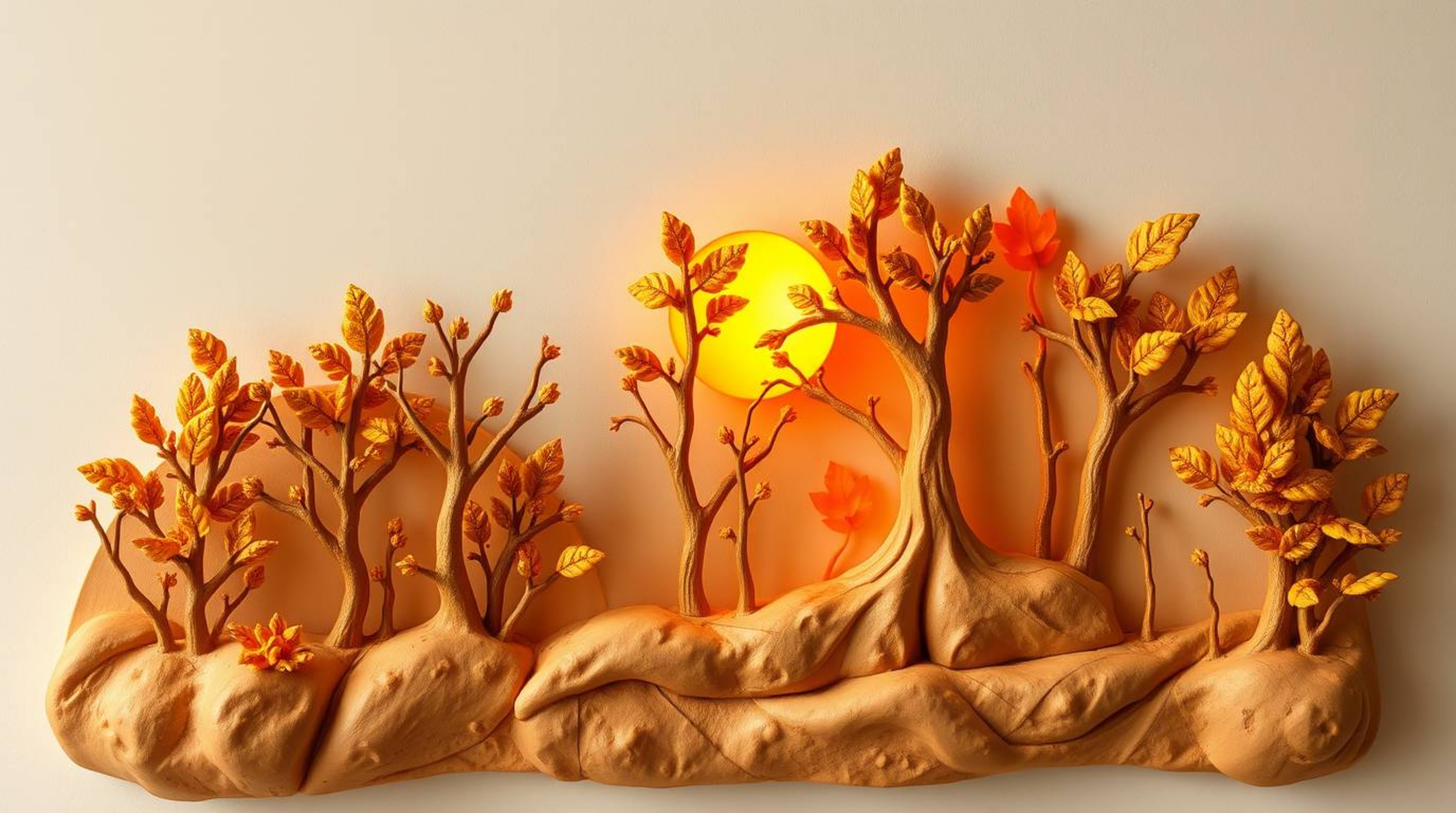 A captivating image showcasing sculptural clay art depicting an autumn forest bathed in warm golden hour light.  The scene fe