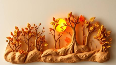 A captivating image showcasing sculptural clay art depicting an autumn forest bathed in warm golden hour light.  The scene fe