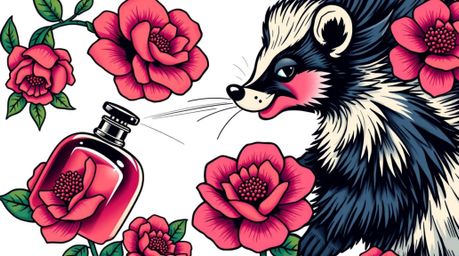 This vibrant art print features a close-up of a cartoon skunk playfully spraying perfume on flowers, rendered in a classic ta