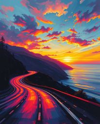 This oil painting captures a winding coastal highway at sunset, defined by its intense, dramatic lighting and the use of irid
