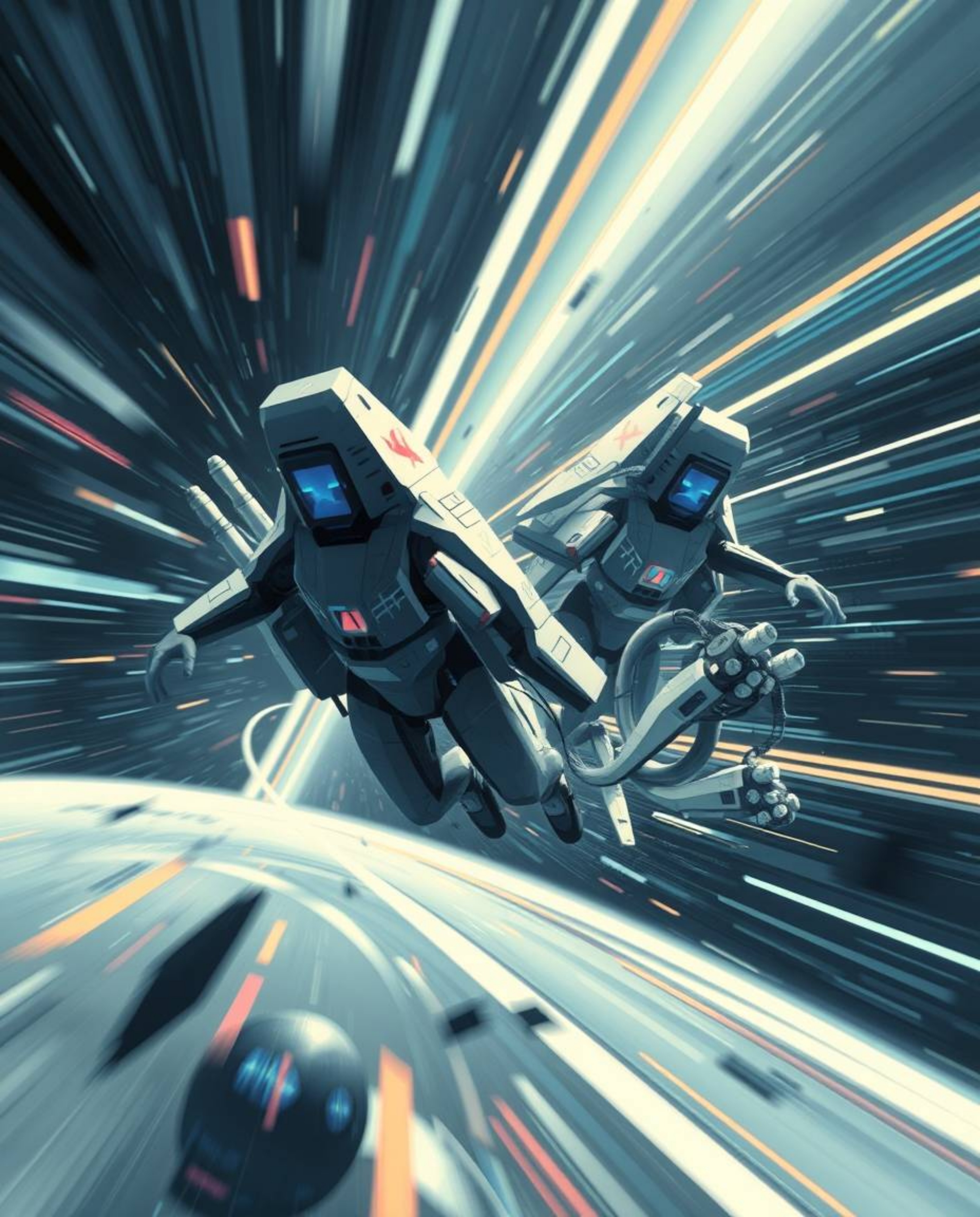 A dynamic and futuristic sci-fi illustration showcases abstract 3D shapes in motion through space.  Incorporating blurred lin