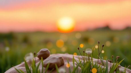 This stunning sculptural clay artwork captures the serene beauty of a sunset over a quiet meadow, with fireflies just beginni