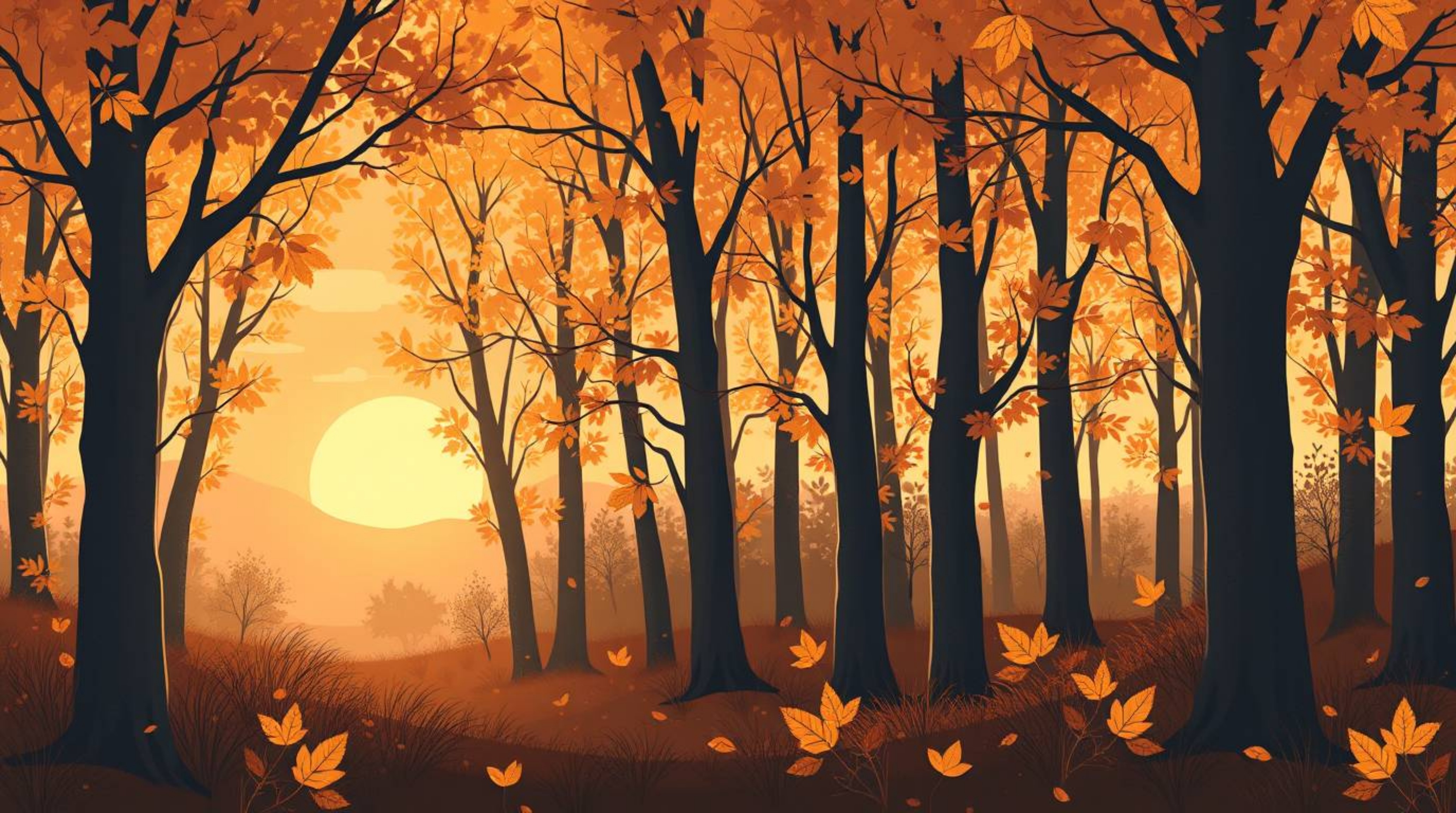 This artwork showcases an adorable and charming illustration of an autumn forest bathed in the warm glow of sunset. The golde