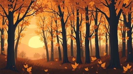 This artwork showcases an adorable and charming illustration of an autumn forest bathed in the warm glow of sunset. The golde