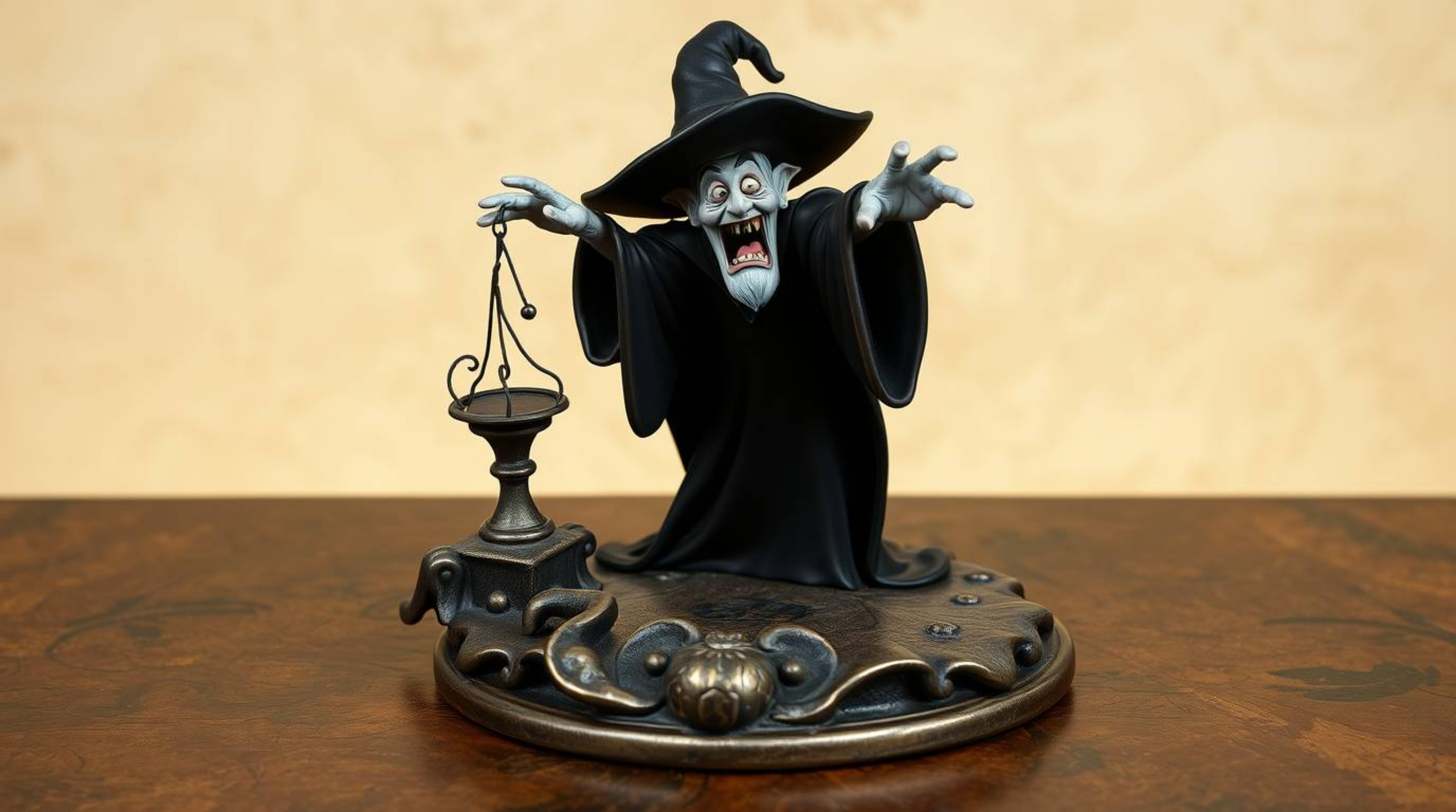A captivating bronze sculpture depicting a classic Disney villain casting a spell within the walls of an ancient castle.  Ren