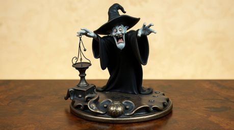 A captivating bronze sculpture depicting a classic Disney villain casting a spell within the walls of an ancient castle. Ren