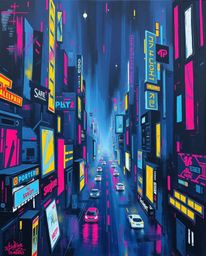 Experience a bold acrylic painting showcasing a futuristic city in glitch mode.  Flickering lights, broken holograms, and vib