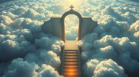 Experience a breathtaking fantasy realism bird's-eye view of a heavenly gate suspended above the clouds. Descending stairs be