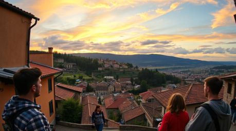 Discover stunning candid street photography capturing the charm of a cozy village nestled in a valley.  Shot from a high-angl