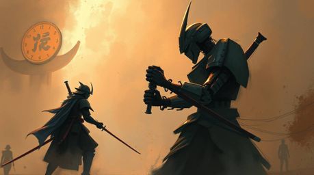 A captivating digital sketch depicting a dramatic battle between a samurai and a robot in a dystopian world.  The artwork fea