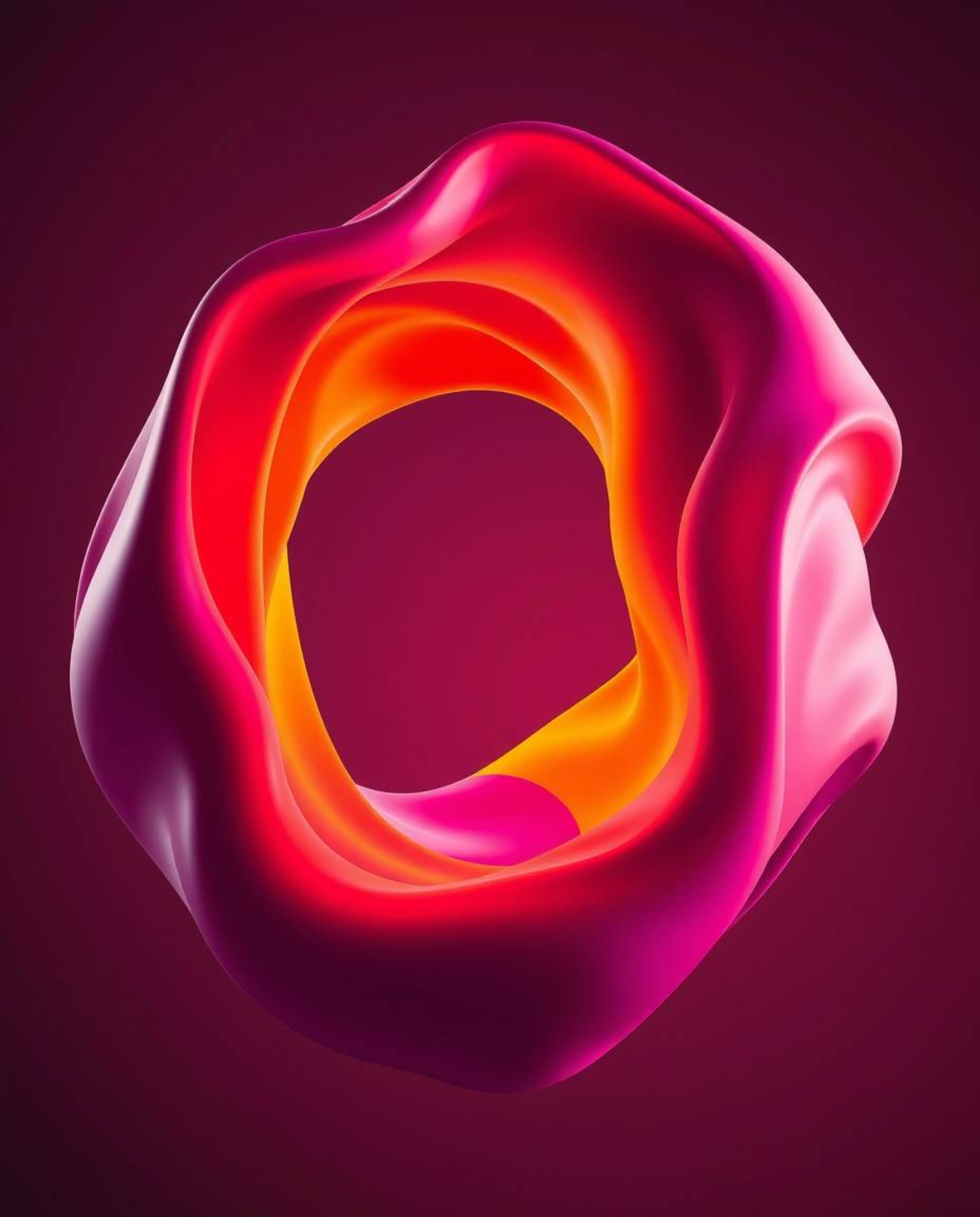 This warm and dark fine art photography style captures a bright and vibrant 3D illustration of fluid shapes morphing into eac