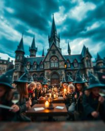 A captivating scene featuring a magical school brimming with young wizards, sharply focused against a blurred backdrop of sto