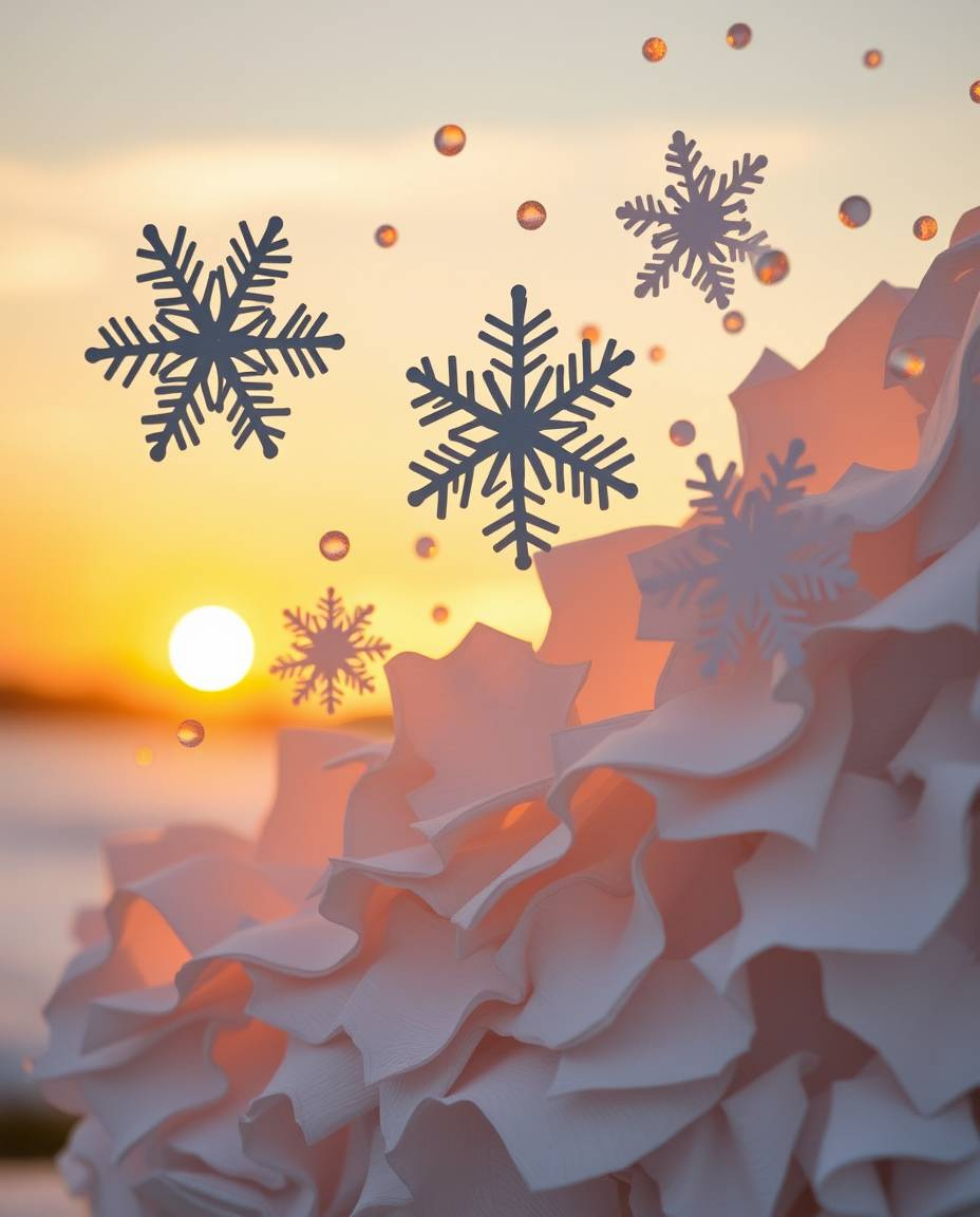 This layered papier-mâché sculpture captures elegant and graceful snowflakes falling during a warm golden sunset. The artwork