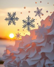 This layered papier-mâché sculpture captures elegant and graceful snowflakes falling during a warm golden sunset. The artwork