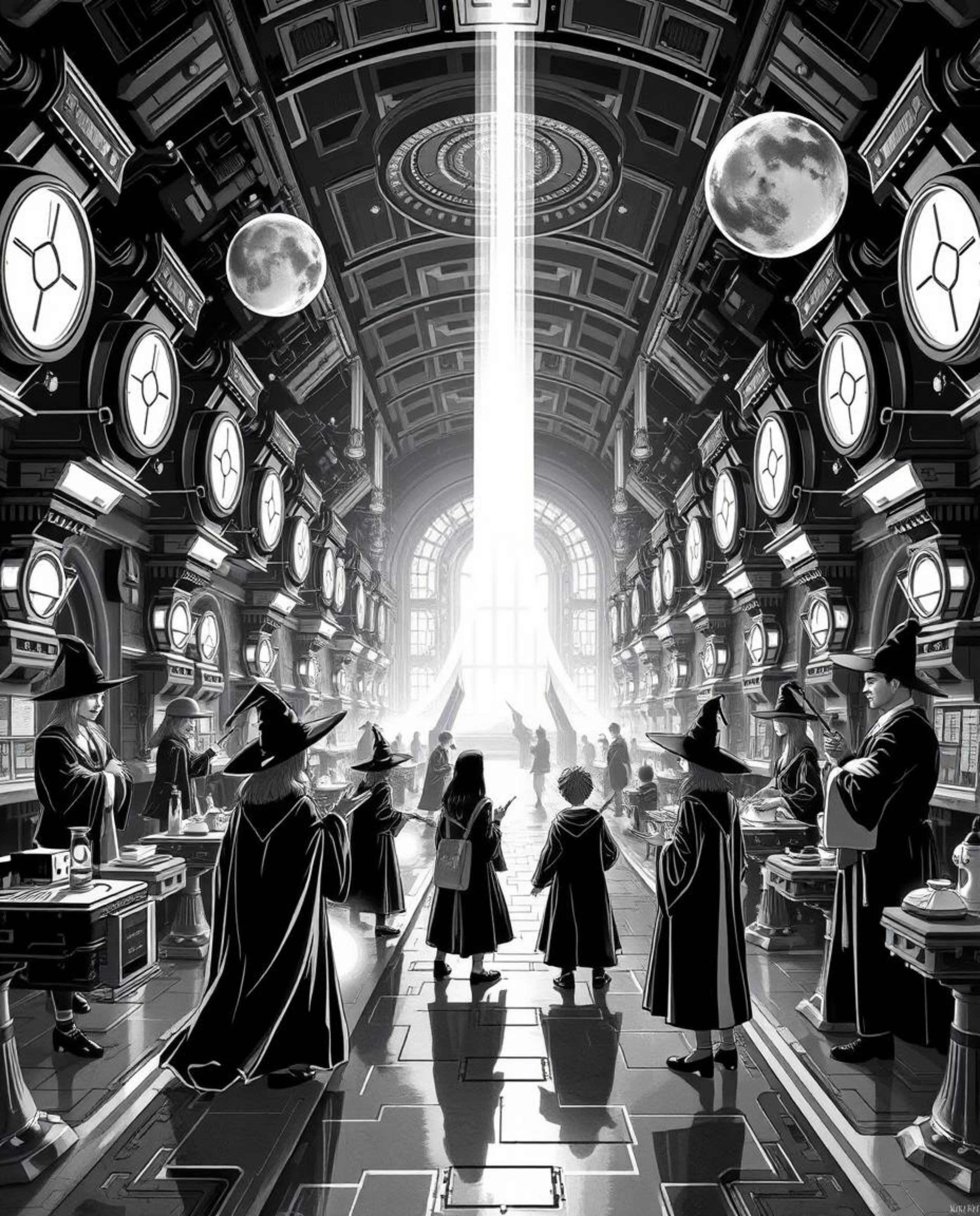 Experience a timeless and elegant atmosphere in this futuristic sci-fi depiction of a magical school brimming with young wiza