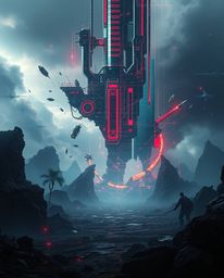 Experience an epic scene of a digital glitch landscape fracturing and collapsing, rendered with a strong, moody style that in