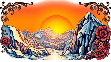 This vibrant, retro-style traditional tattoo art print captures a breathtaking sunset over icy polar glaciers, bathed in the 