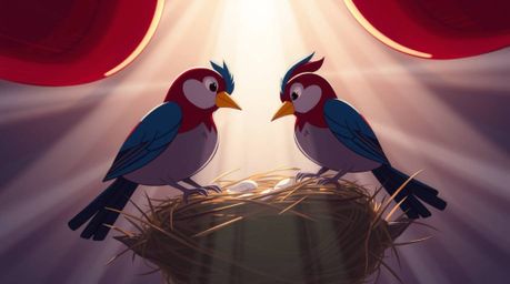 An overhead shot showcasing two cartoon birds meticulously building a nest in a classic animation style. The scene is illumin
