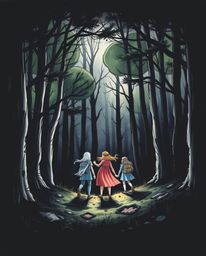 Dive into a hand-drawn sketchnote depicting a group of friends with unique powers exploring a mysterious forest.  The soft, d