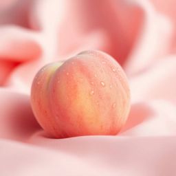 A calming close-up ASMR image featuring a soft, blushing pink peach resting on silky pastel pink fabric.  Dynamic motion blur