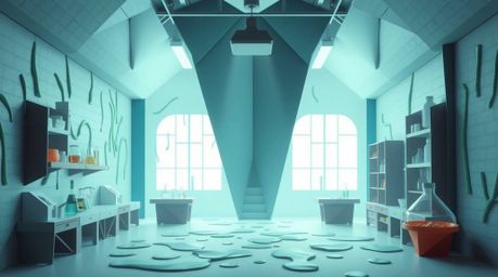 Explore a captivating image of a science lab meticulously crafted in an intricate origami style.  The scene is bathed in a ha
