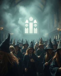 Immerse yourself in the enchanting world of a magical school brimming with young wizards. This captivating image, captured fr