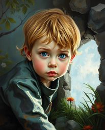 A captivating oil painting depicts a child with strikingly expressive features, utterly absorbed in the discovery of a magica