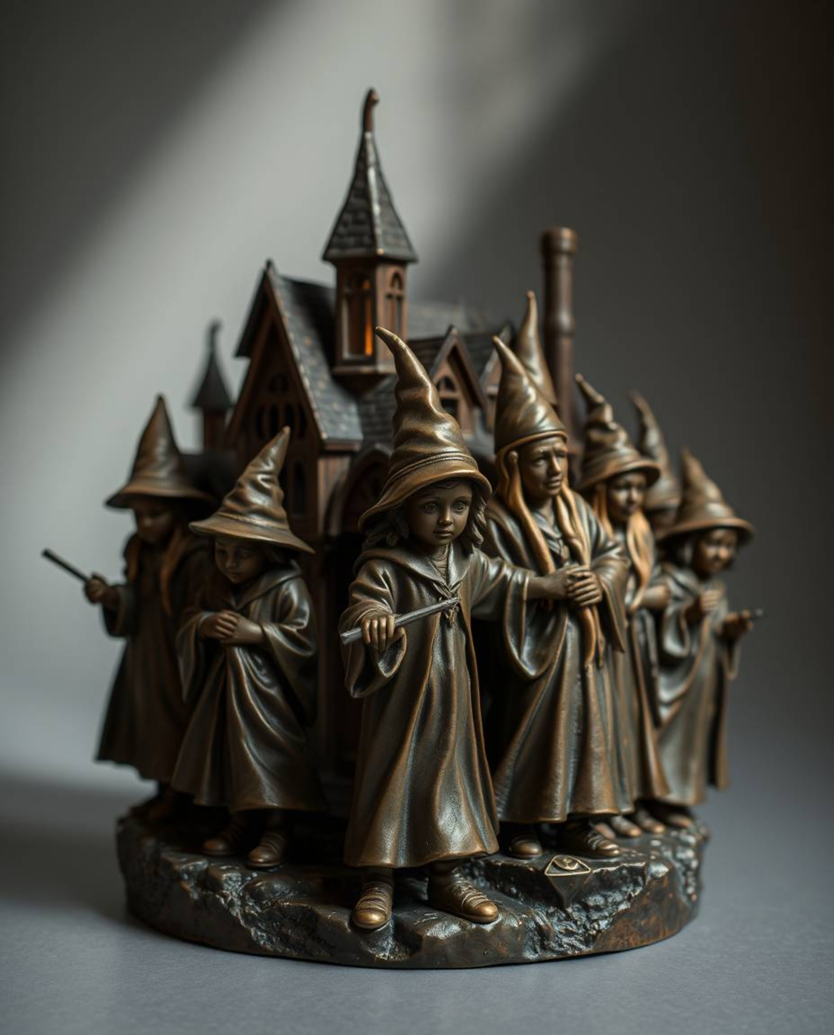 This cast bronze sculpture depicts a magical school teeming with young wizards, skillfully rendered with chiaroscuro lighting
