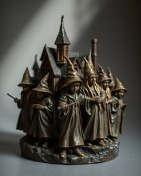 This cast bronze sculpture depicts a magical school teeming with young wizards, skillfully rendered with chiaroscuro lighting
